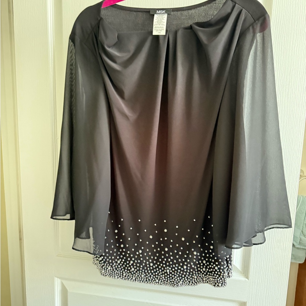 MSK Black Sheer Blouse with Pearl Embellishments